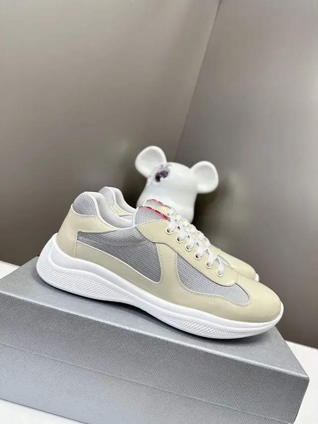Prada Beige Gray Glossy Patent Leather Toe Mesh Side Panels Lifestyle Sneakers 2