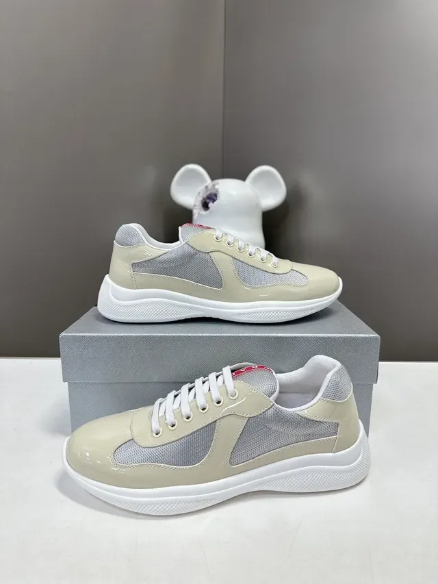 Prada Beige Gray Glossy Patent Leather Toe Mesh Side Panels Lifestyle Sneakers 3