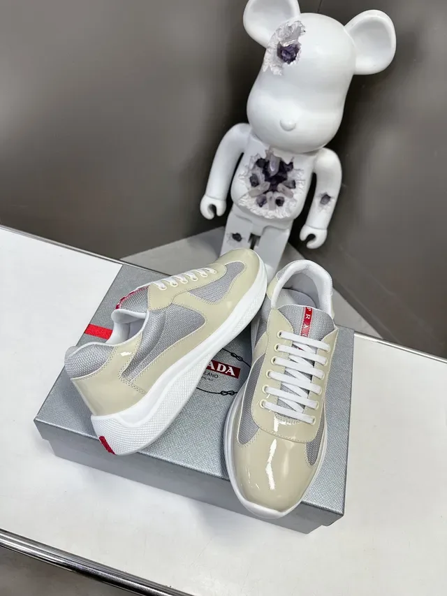 Prada Beige Gray Glossy Patent Leather Toe Mesh Side Panels Lifestyle Sneakers 4