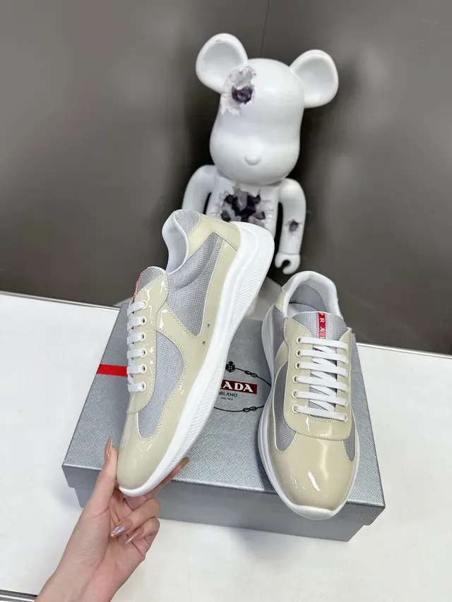 Prada Beige Gray Glossy Patent Leather Toe Mesh Side Panels Lifestyle Sneakers 5