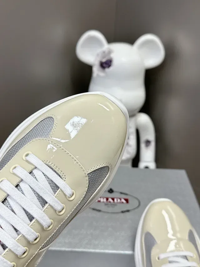 Prada Beige Gray Glossy Patent Leather Toe Mesh Side Panels Lifestyle Sneakers 6