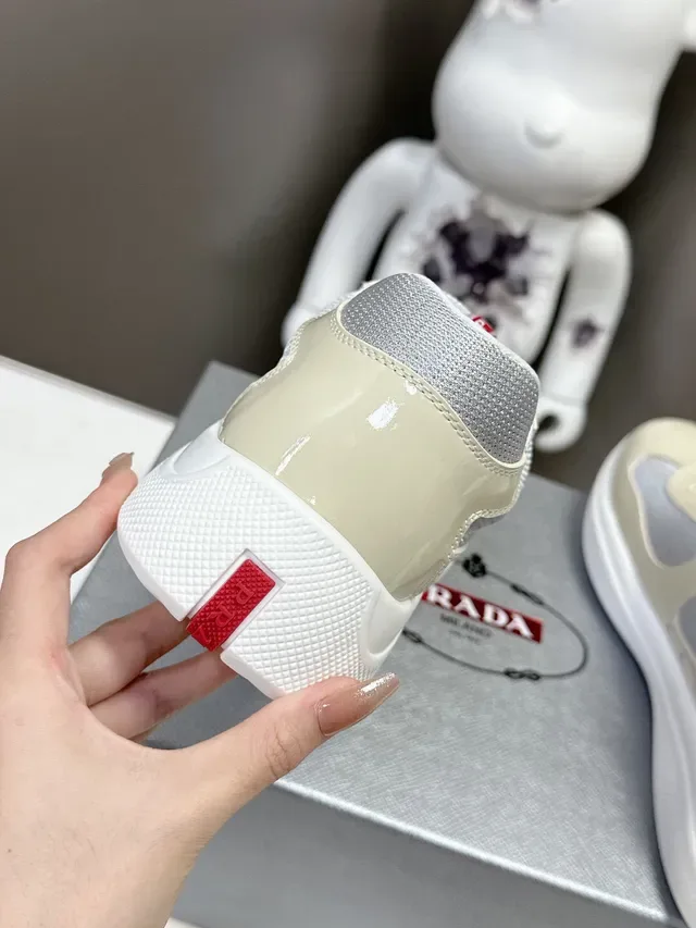 Prada Beige Gray Glossy Patent Leather Toe Mesh Side Panels Lifestyle Sneakers 7
