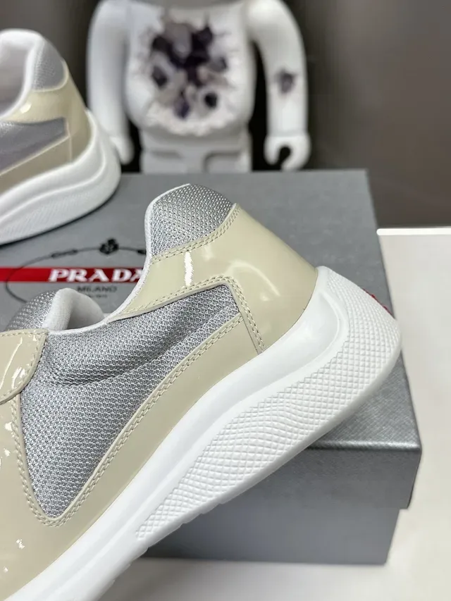 Prada Beige Gray Glossy Patent Leather Toe Mesh Side Panels Lifestyle Sneakers 8