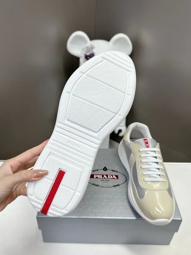 Prada Beige Gray Glossy Patent Leather Toe Mesh Side Panels Lifestyle Sneakers 9