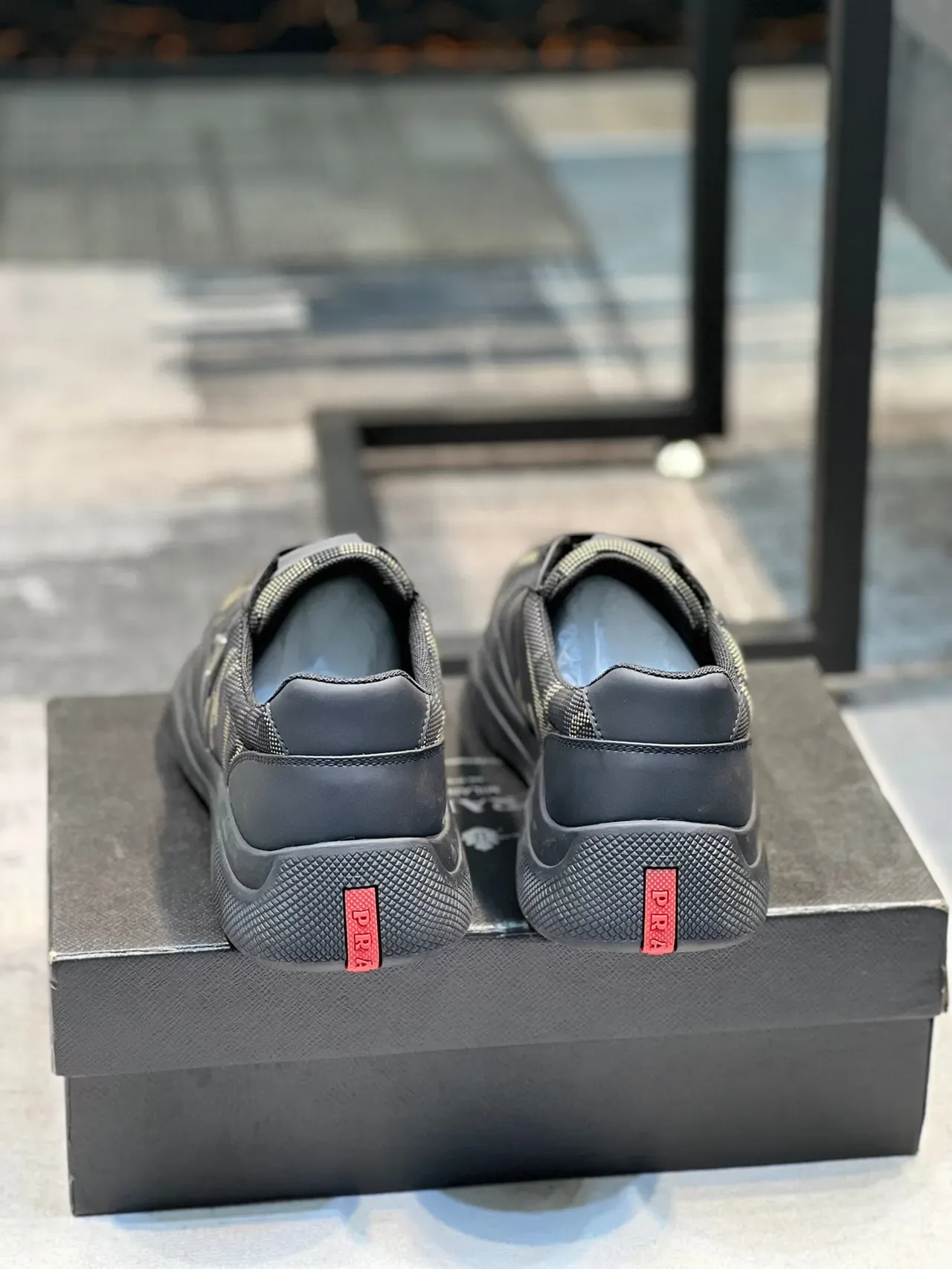 Prada Black Beige Camo-Print Textile Leather Overlays Lifestyle Sneakers 2
