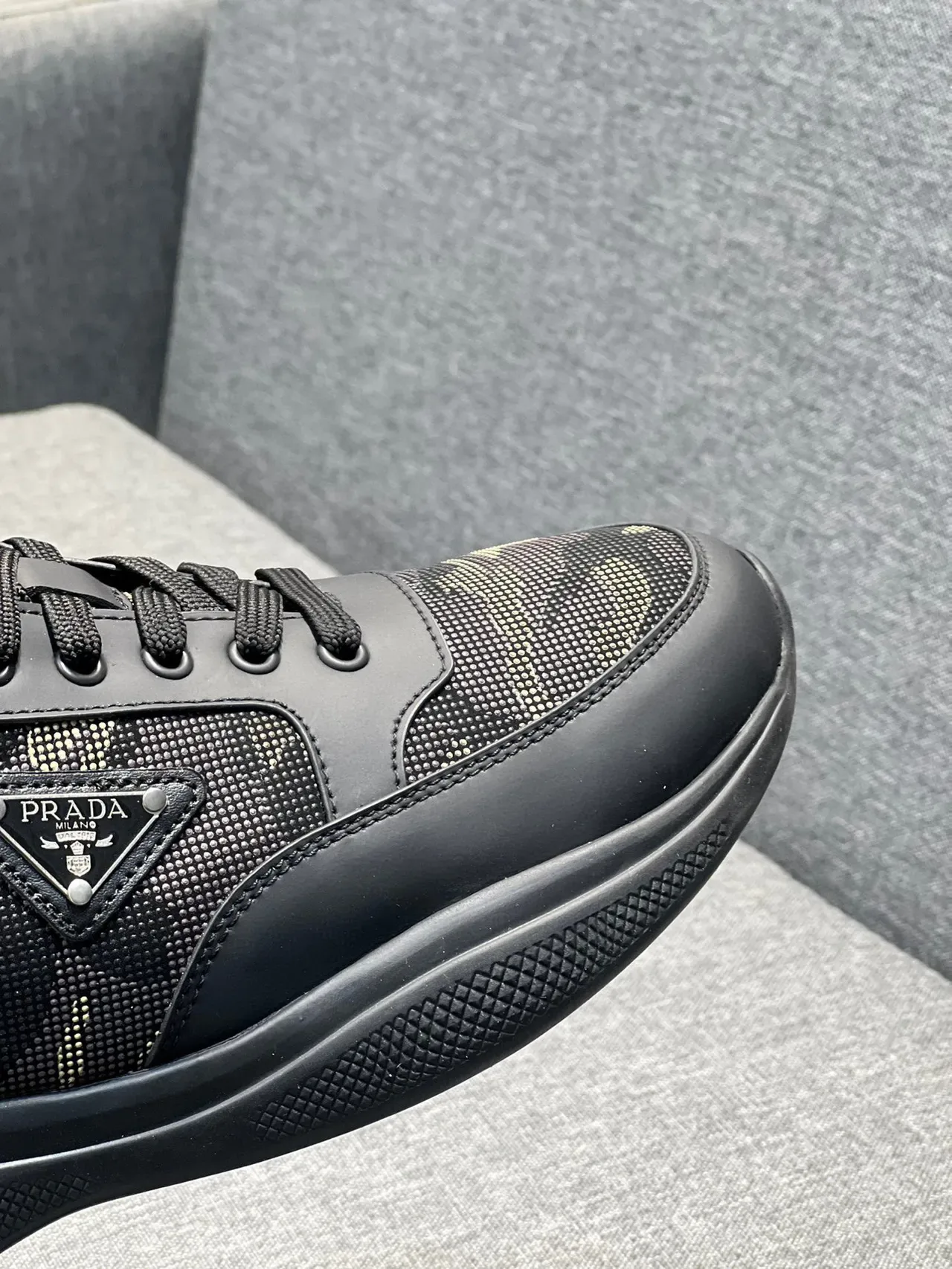 Prada Black Beige Camo-Print Textile Leather Overlays Lifestyle Sneakers 3