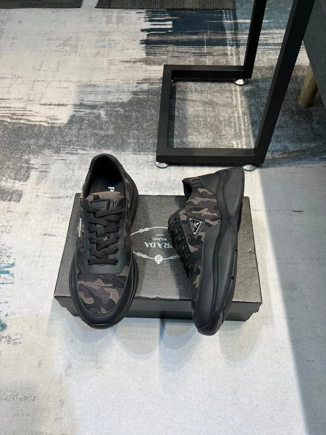 Prada Black Beige Camo-Print Textile Leather Overlays Lifestyle Sneakers 4