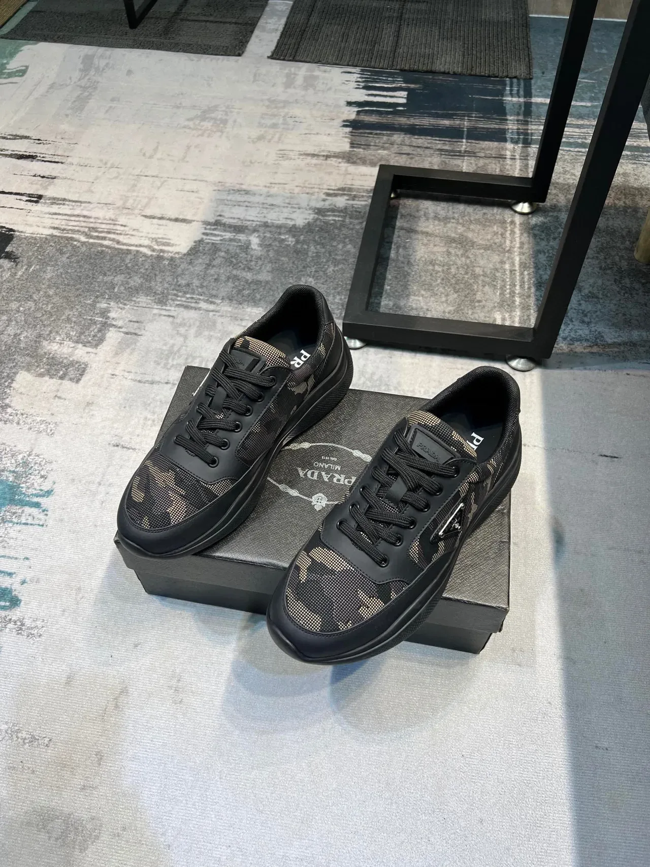 Prada Black Beige Camo-Print Textile Leather Overlays Lifestyle Sneakers 5