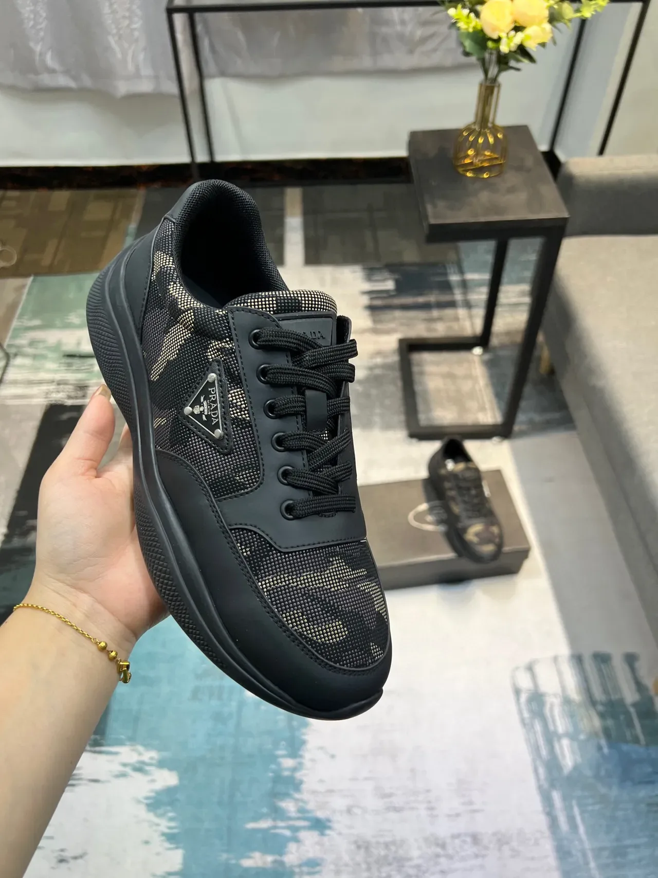 Prada Black Beige Camo-Print Textile Leather Overlays Lifestyle Sneakers 6