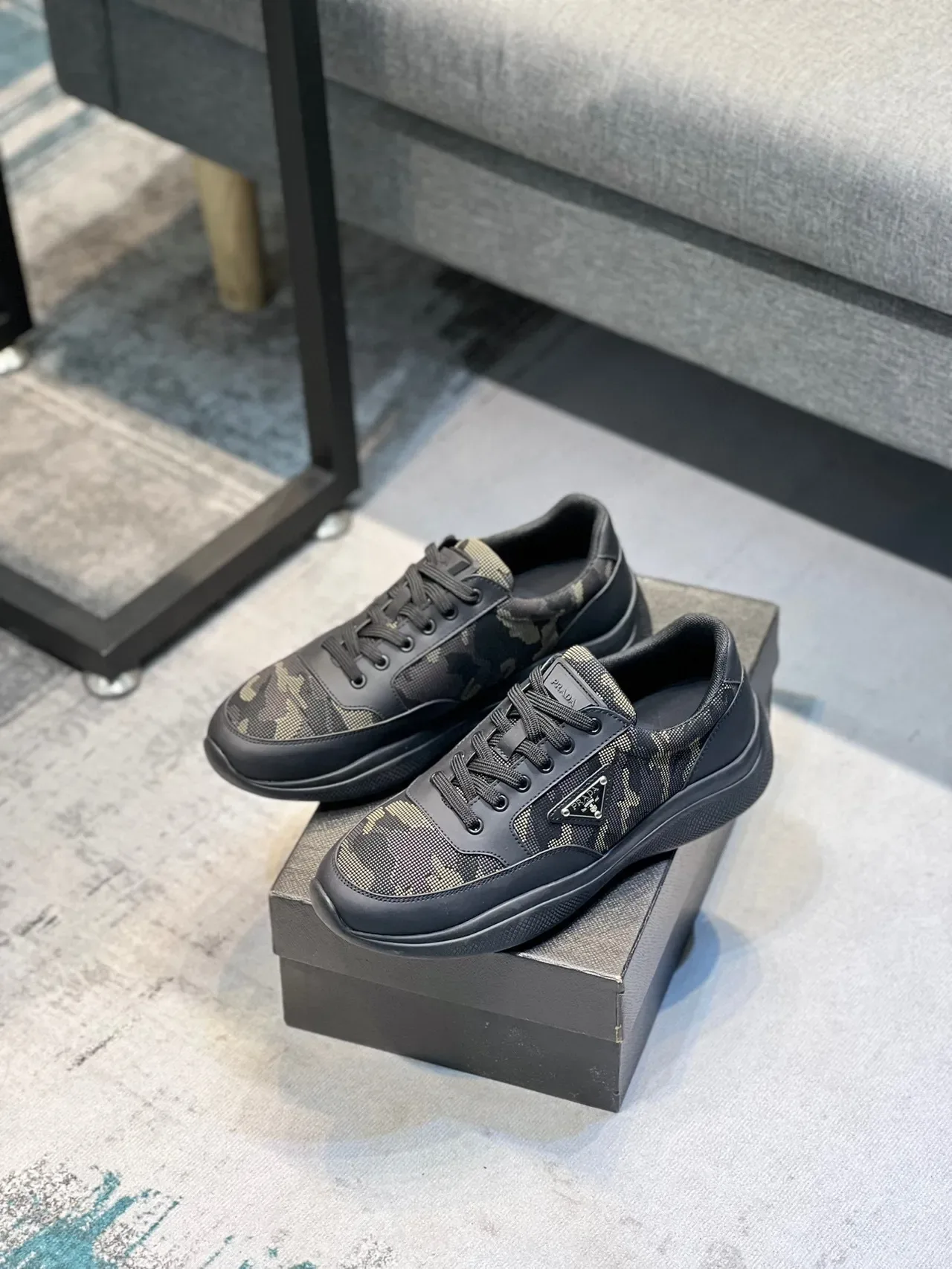 Prada Black Beige Camo-Print Textile Leather Overlays Lifestyle Sneakers 8