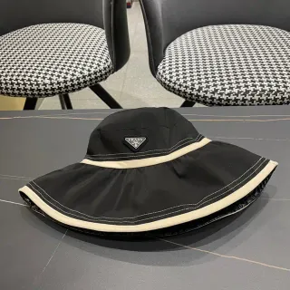 Prada Black Beige Nylon-Like Fabric Cream Contrast Band Bucket Hat