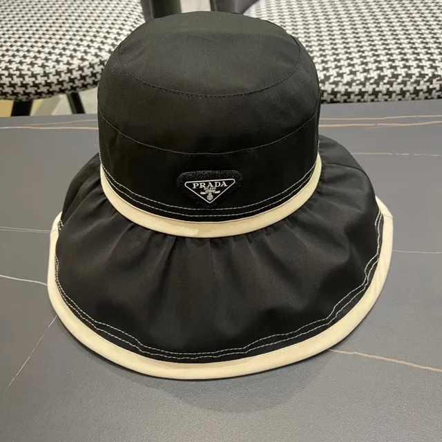 Prada Negro Beige Tela Similar a Nylon Crema Banda de Contraste Sombrero Bucket 3