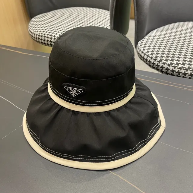 Prada Negro Beige Tela Similar a Nylon Crema Banda de Contraste Sombrero Bucket 4