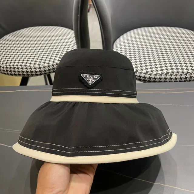 Prada Negro Beige Tela Similar a Nylon Crema Banda de Contraste Sombrero Bucket 5