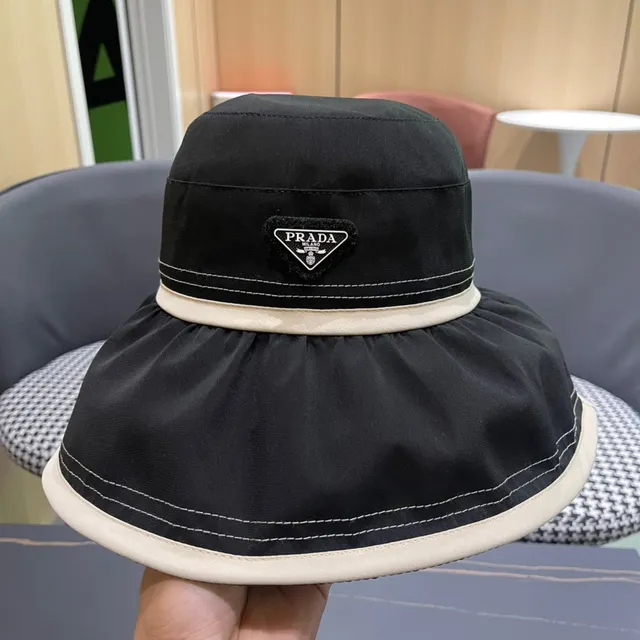 Prada Negro Beige Tela Similar a Nylon Crema Banda de Contraste Sombrero Bucket 6