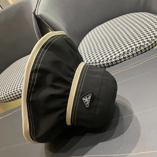 Prada Negro Beige Tela Similar a Nylon Crema Banda de Contraste Sombrero Bucket 10