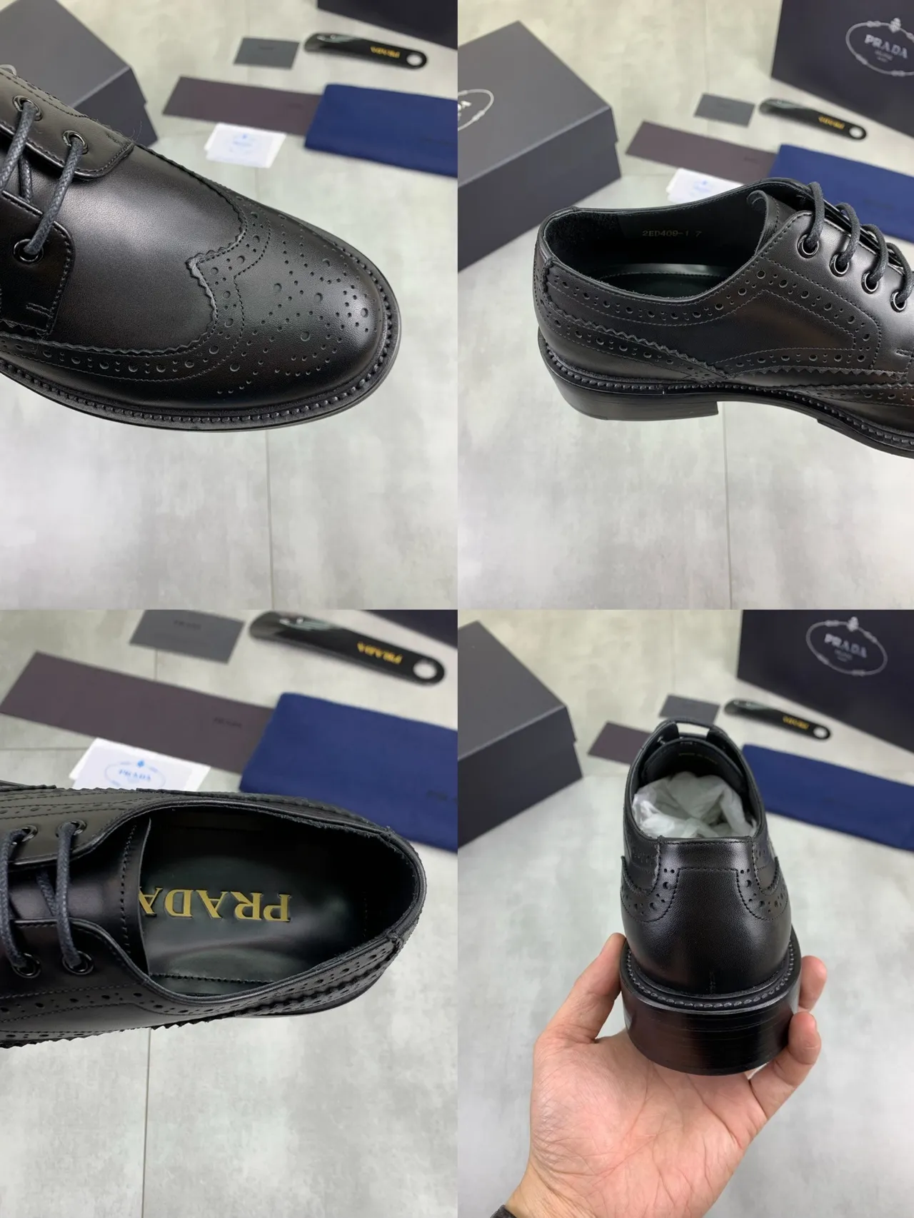 Prada কালো ফুল উইংটিপ পলিশড চামড়া Brogue 2