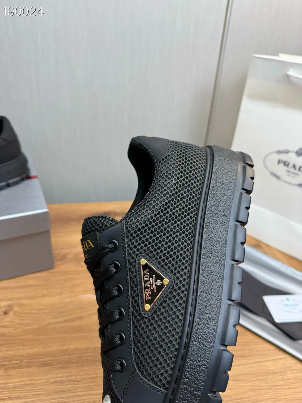 Prada Black Gold Mesh Upper Triangular Logo Plaque Lifestyle Sneakers 5