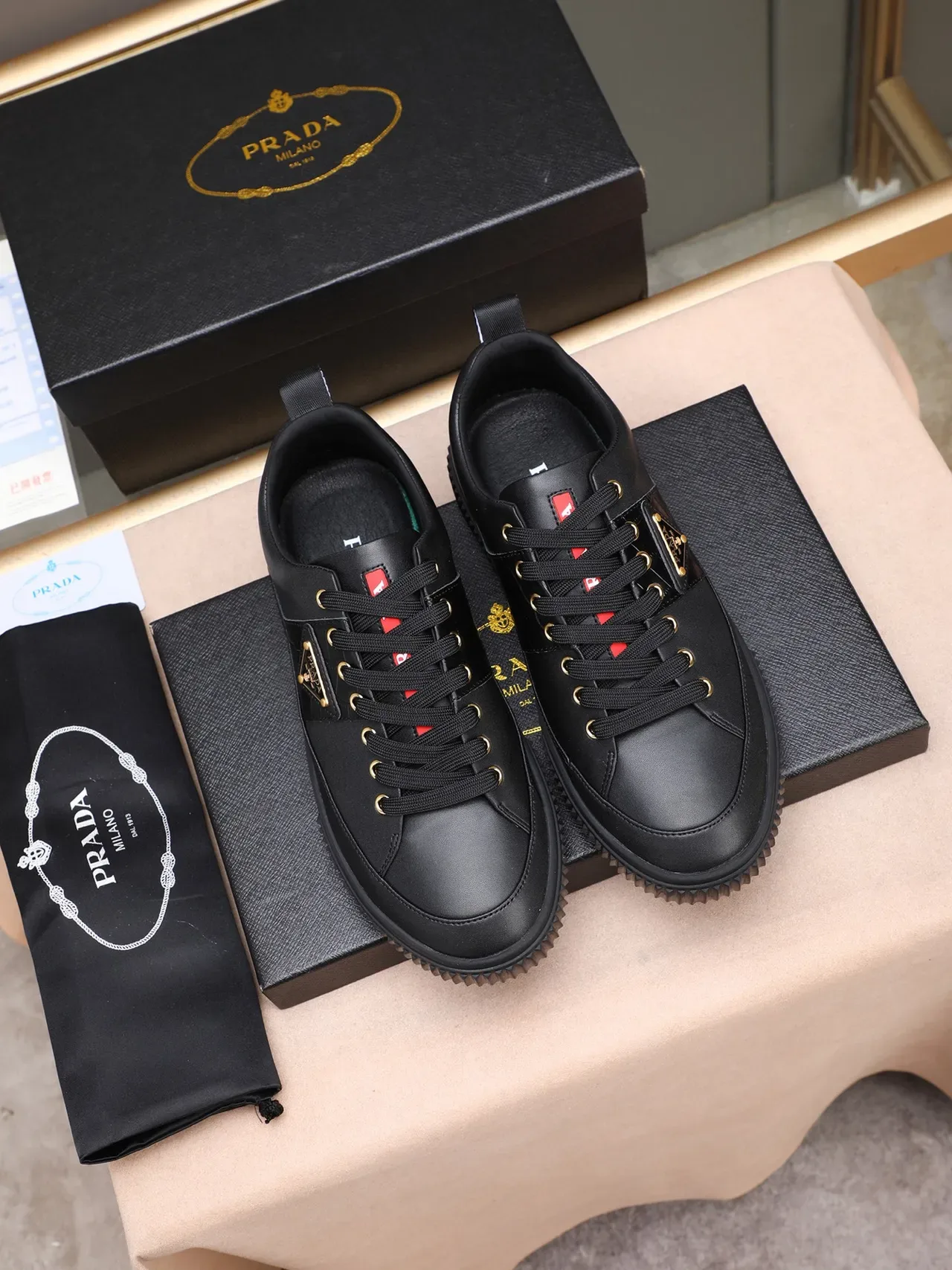 Prada Black Leather Triangular Logo Plaque Lifestyle Sneakers 3