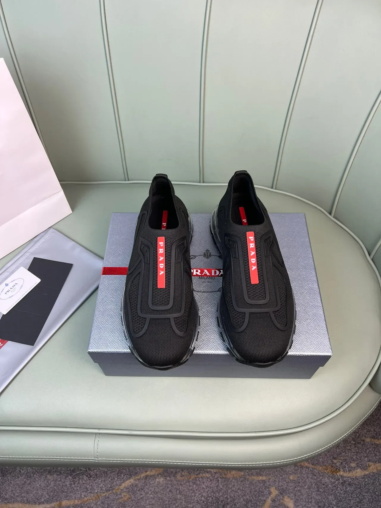 Prada Black Red Slip-On Mesh Upper Lifestyle Sneakers 8