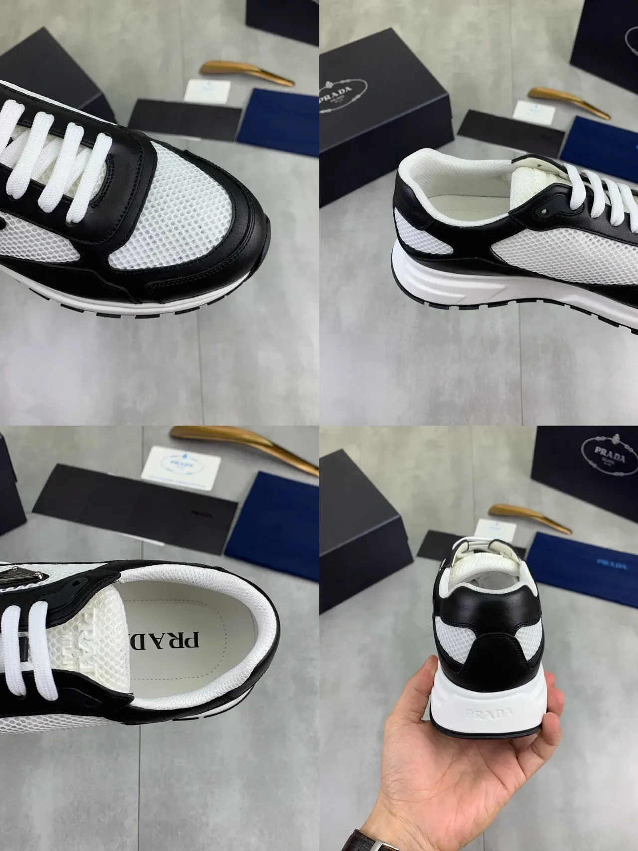 Prada Cloudbust Black and White Mesh Leather Lifestyle Sneakers 2
