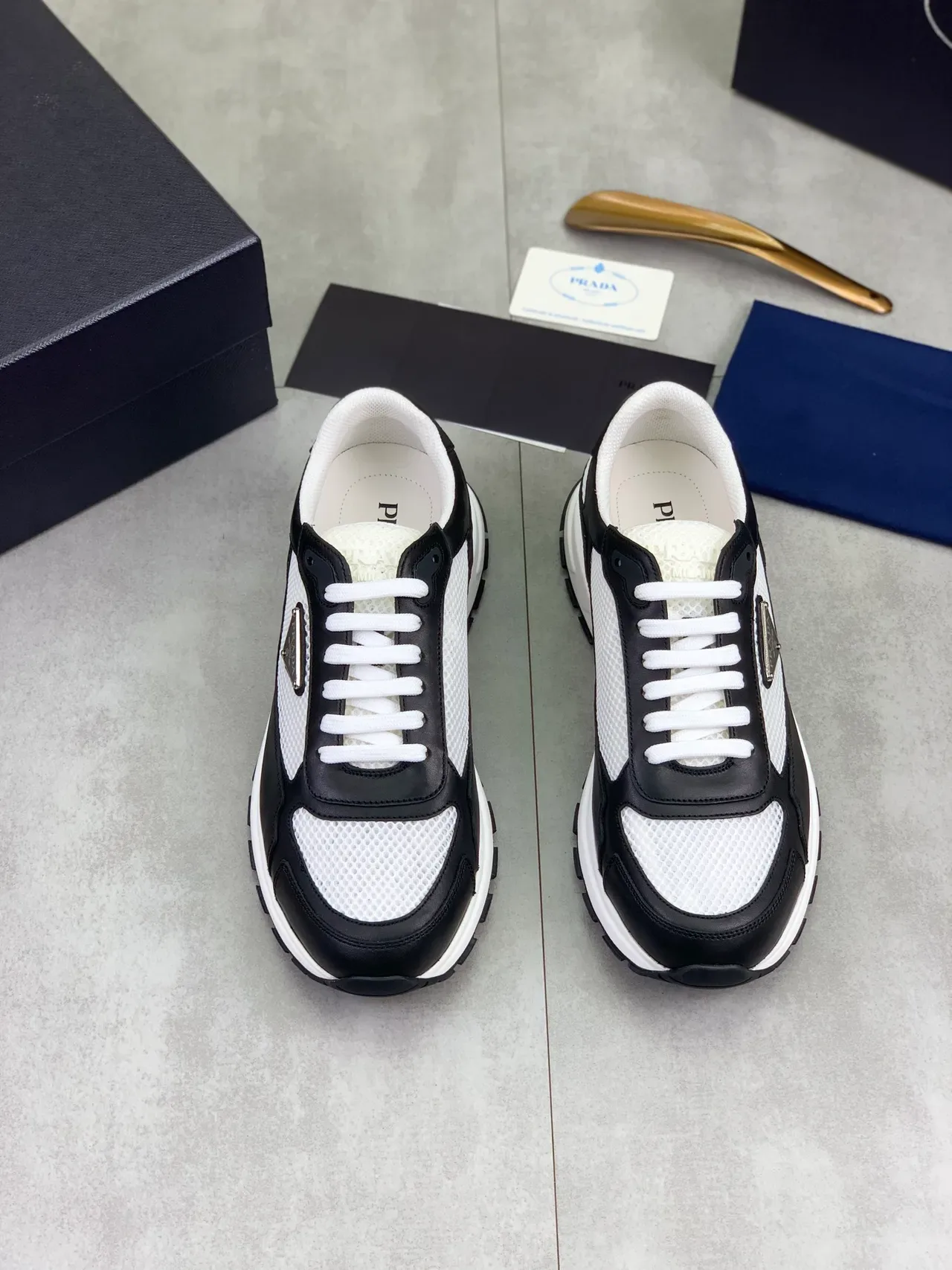 Prada Cloudbust Black and White Mesh Leather Lifestyle Sneakers 4