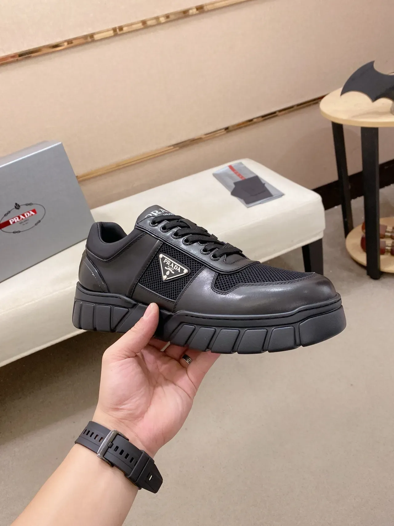 Prada Cloudbust Black Leather-Mesh Lifestyle Sneakers 3