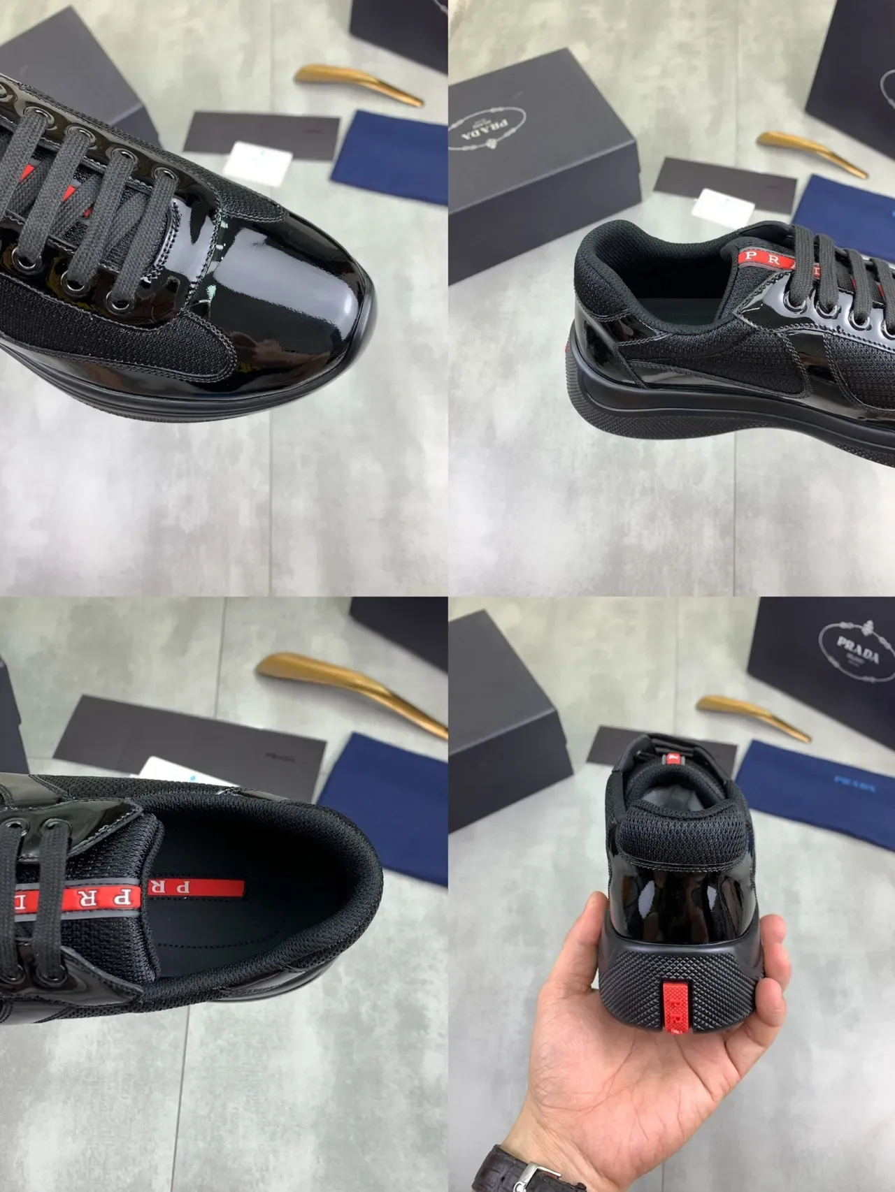 Prada Cloudbust Black Red Glossy Patent Leather Mesh Paneling Lifestyle Sneakers 2