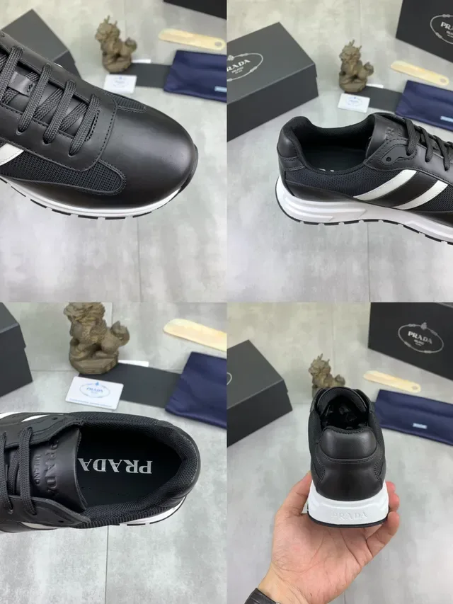 Prada Cloudbust Black White Leather-Mesh Hybrid Upper Three Side Stripes Lifestyle Sneakers 2