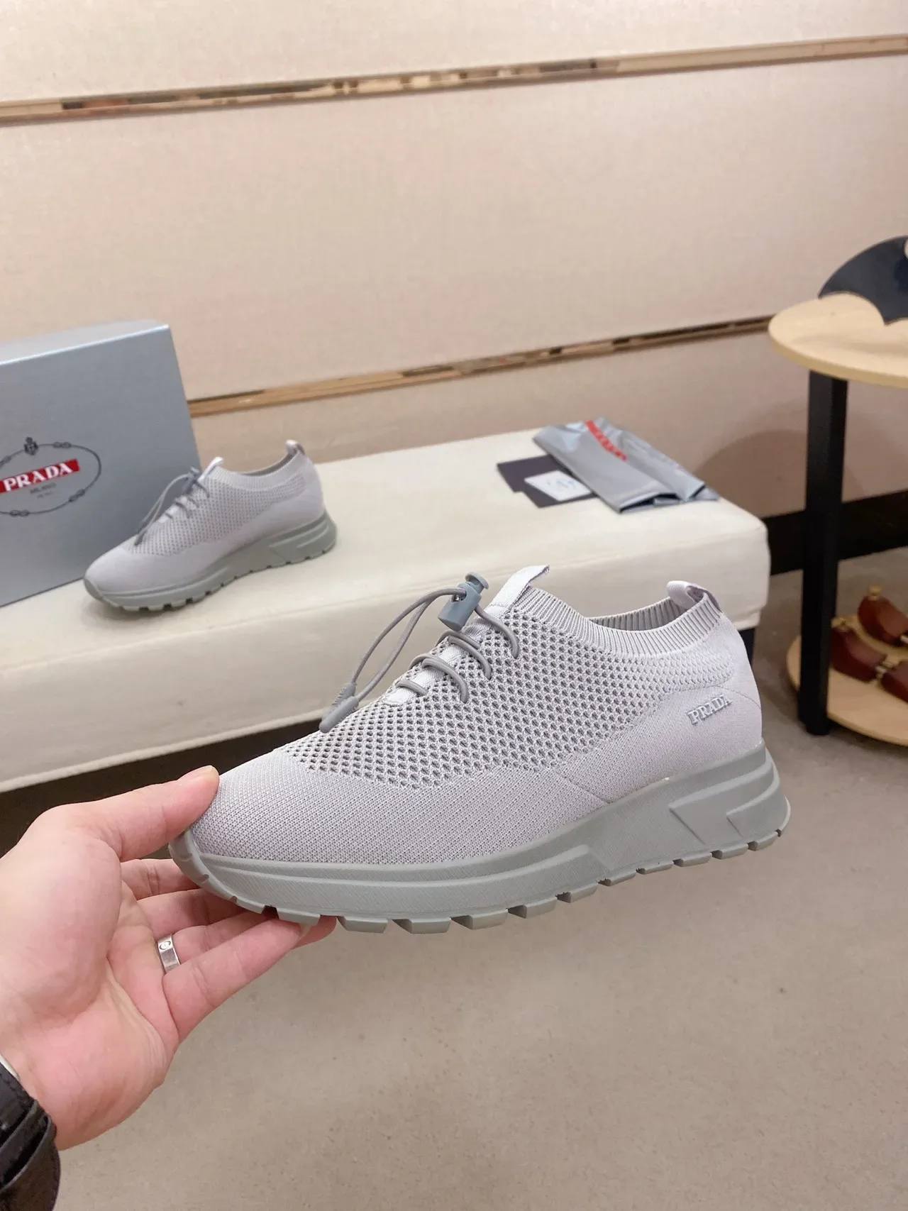 Prada Cloudbust Light Gray Knit Lifestyle Sneaker 3