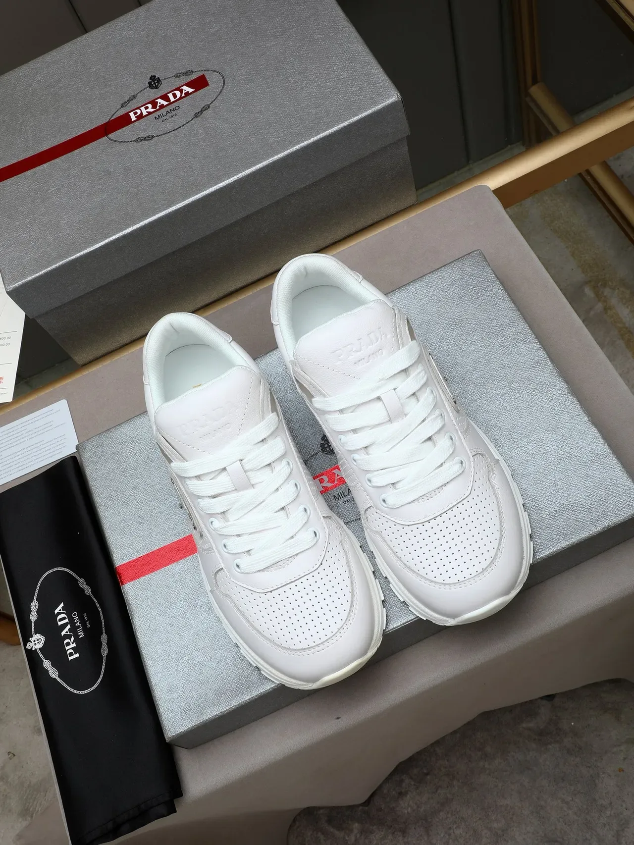 Prada Cloudbust White Leather Perforated Side Panel Lifestyle Sneakers 4