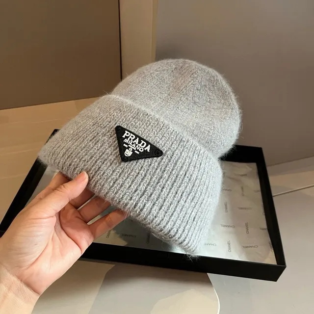 Prada Bonnet Gris Noir Tricoté à côtes manchette pliée 8