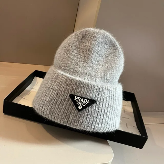 Prada Bonnet Gris Noir Tricoté à côtes manchette pliée 9