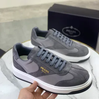 Prada Gray White Mixed-Material Upper Suede And Nylon Paneling Lifestyle Sneakers