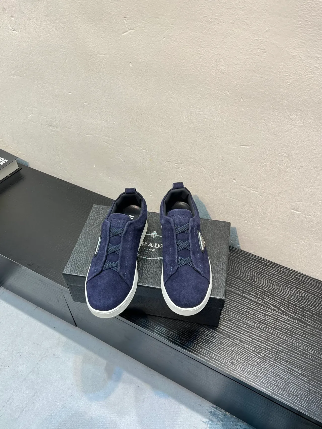 Prada Navy White Suede Upper Slip-On Construction Lifestyle Sneakers 2