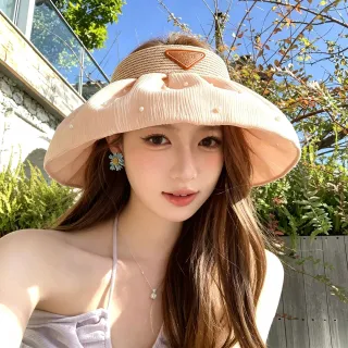 Prada Pleated Pearl-Embellished Peach Visor Bucket Hat