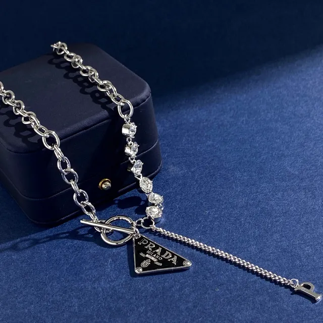 Prada Triangle Pendant Silver Black Chain Enamel Necklace 4