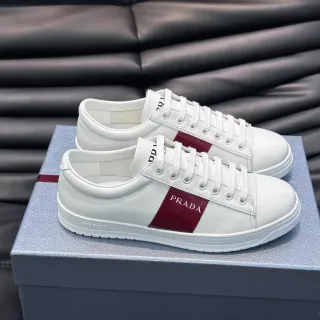 Prada White and Burgundy Side Stripe Lifestyle Sneakers — Prada Lifestyle Sneakers photo from the Yupoo catalog