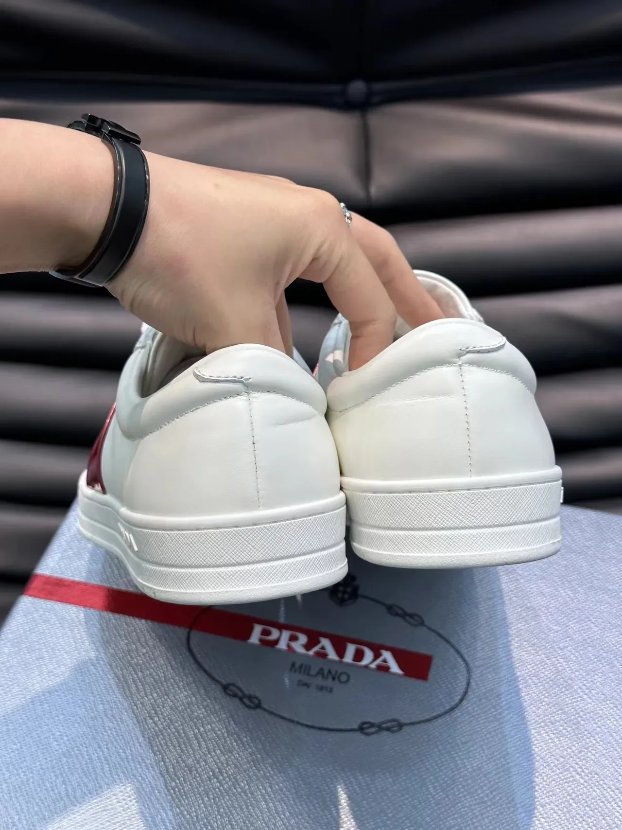 Prada White and Burgundy Side Stripe Lifestyle Sneakers 4