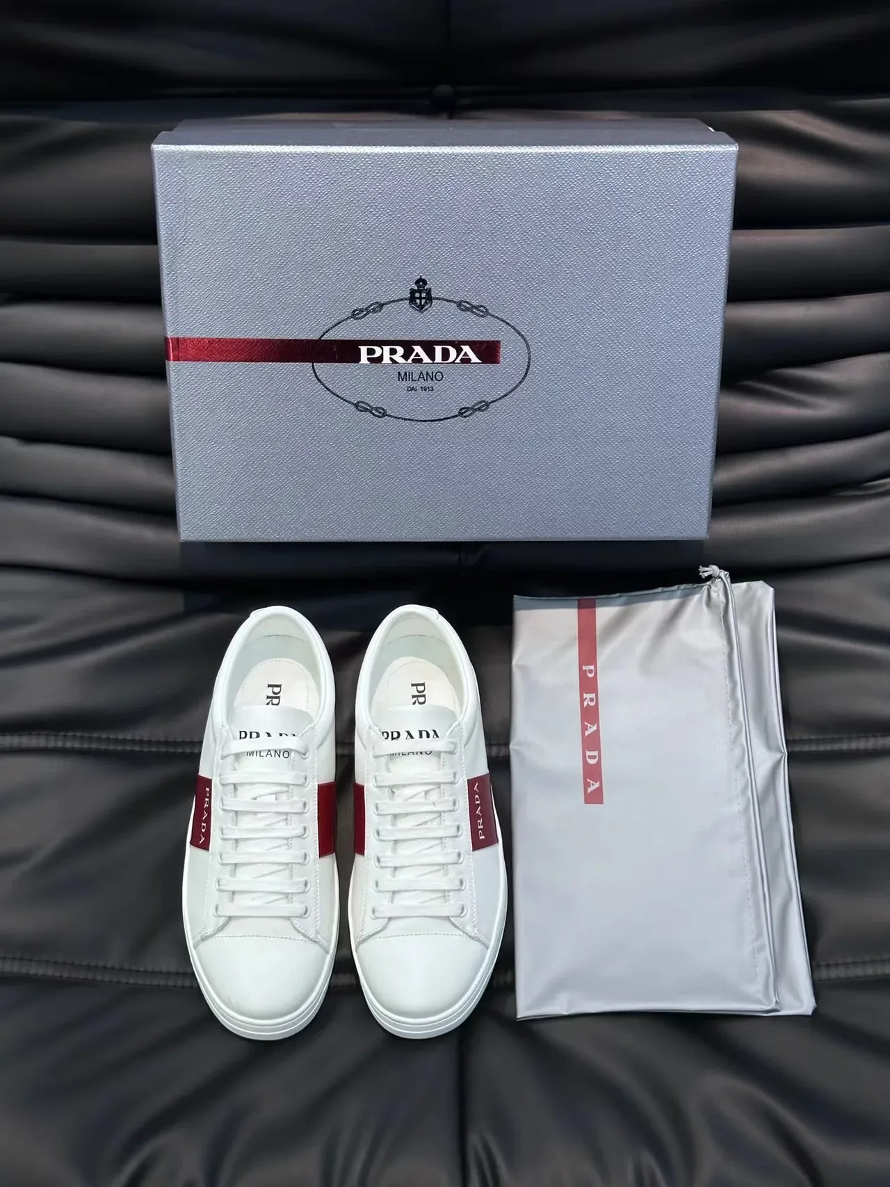 Prada White and Burgundy Side Stripe Lifestyle Sneakers 5