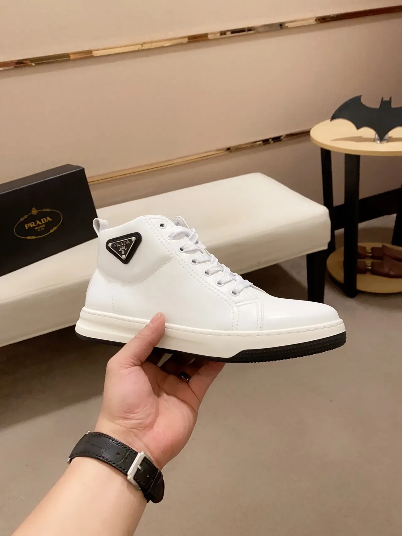 Prada White Black High-Top Smooth Leather Lifestyle Sneakers 4