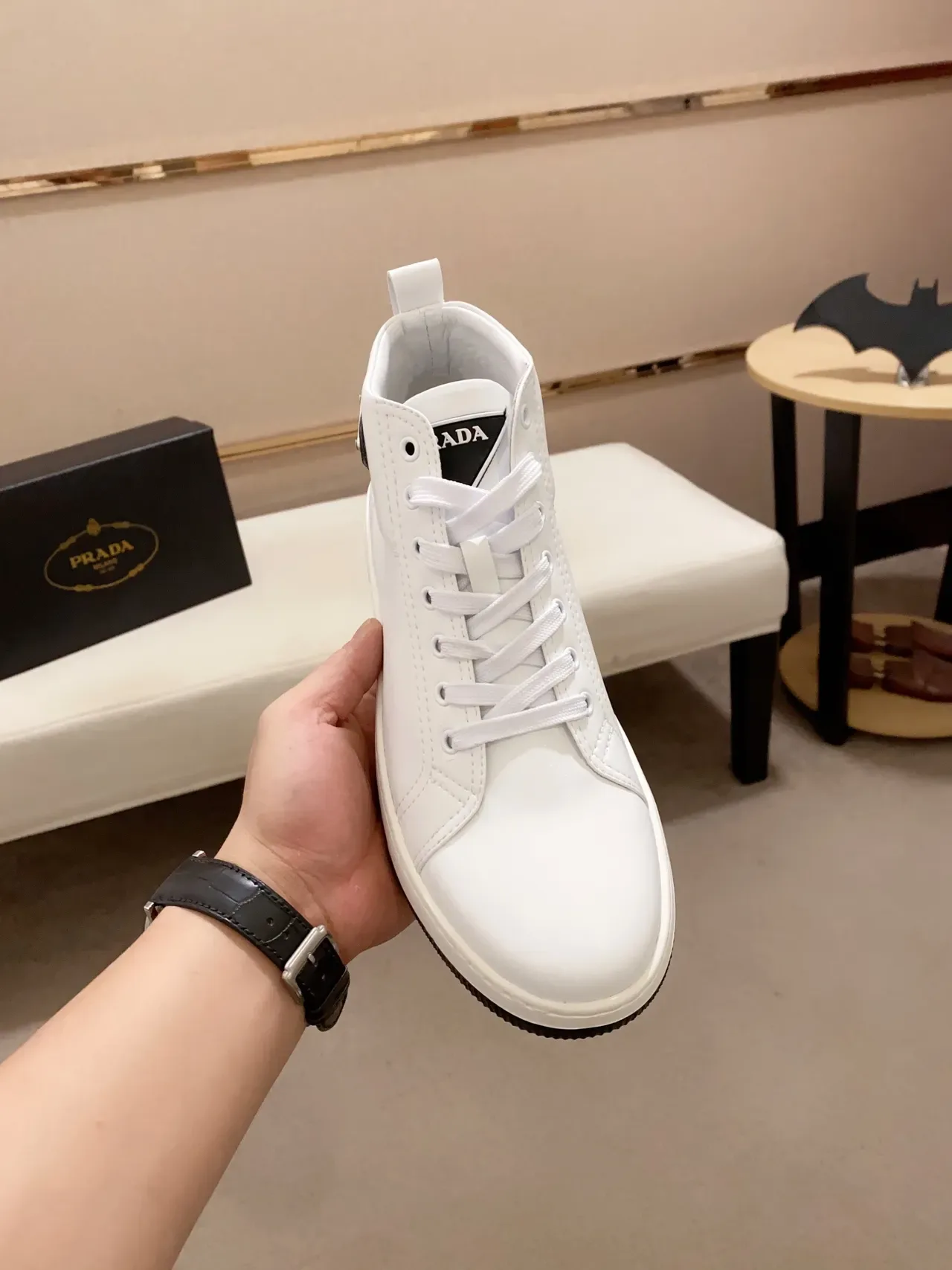 Prada White Black High-Top Smooth Leather Lifestyle Sneakers 5