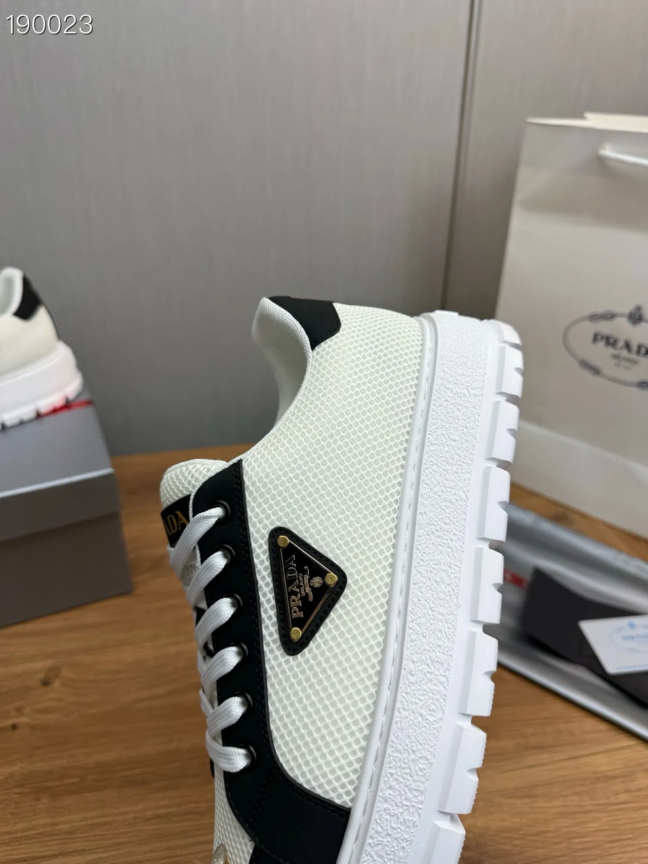 Prada White Black Mesh And Leather Paneling Triangular Logo Patch Chunky Sneakers 5