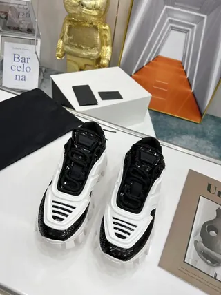Prada White Black Sculpted Sole Sequined Toe Cap Chunky Sneakers 3