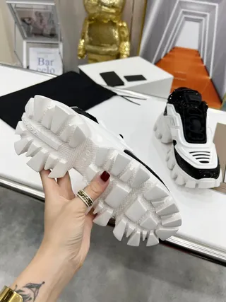Prada White Black Sculpted Sole Sequined Toe Cap Chunky Sneakers 7