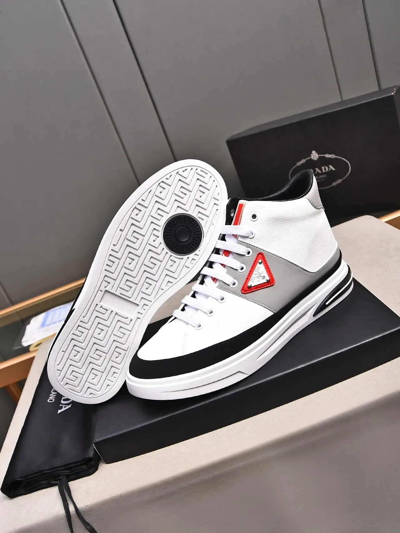 Prada White Gray High-Top Leather-Paneled Lifestyle Sneakers 4