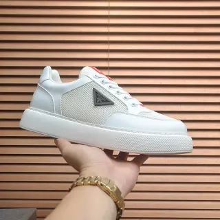 Prada White Red Leather And Mesh Upper Thick Textured Platform Sole Lifestyle Sneakers