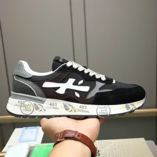 Premiata Black White Layered Suede And Mesh Upper Contrasting Logo Sneakers