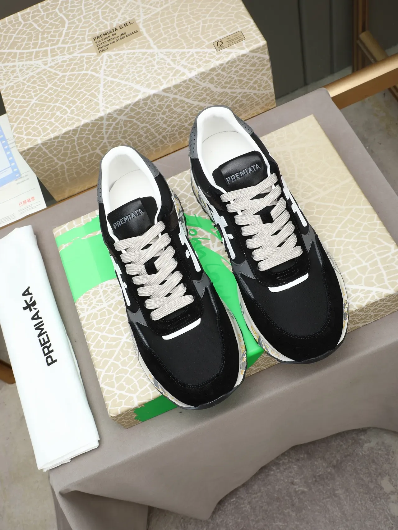 Premiata Black White Layered Suede And Mesh Upper Contrasting Logo Sneakers 3