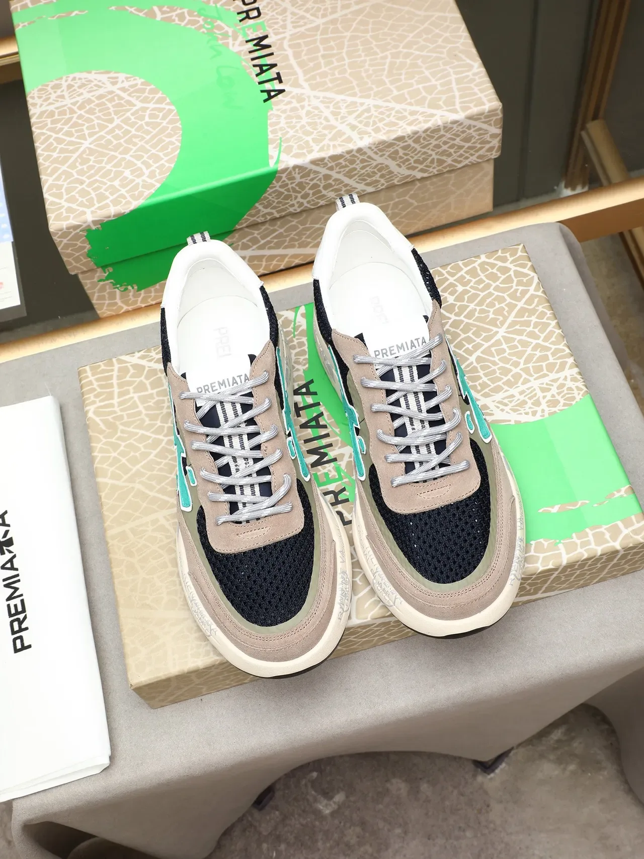 Premiata X-Logo Navy Beige Mint Green sneakers lifestyle 3